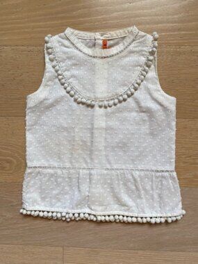 Kule, Toddler 2T White cotton plumetis blouse with pompoms and lace details